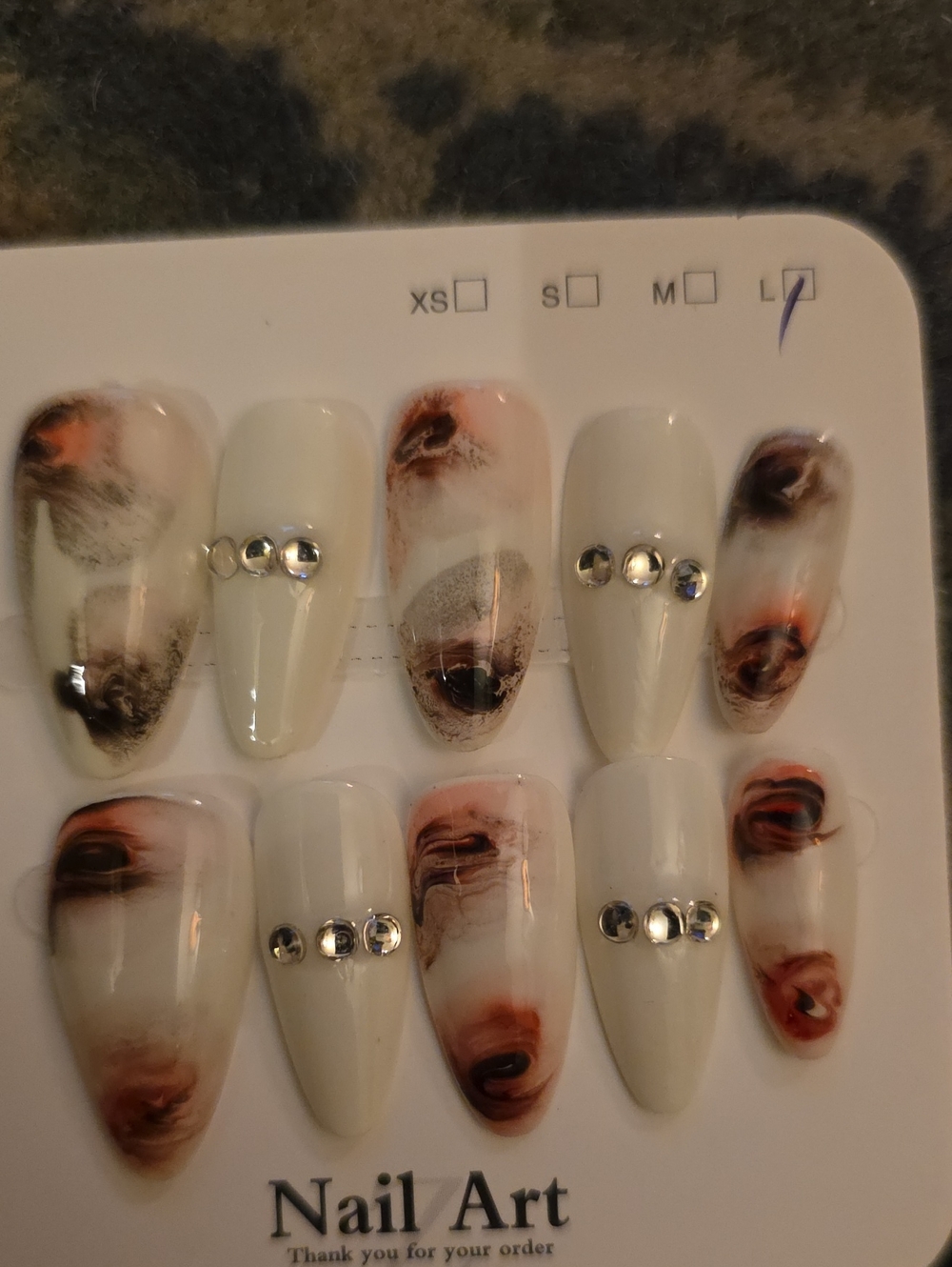 Nail Art Press-On in Cream with Brown & Black Marble Accents Size L Set Of 10